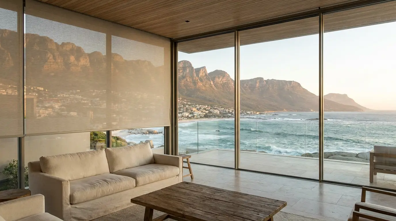 Glass-fronted Camps Bay villa living room facing the Twelve Apostles with a sunscreen roller blind drawn halfway down the window bay