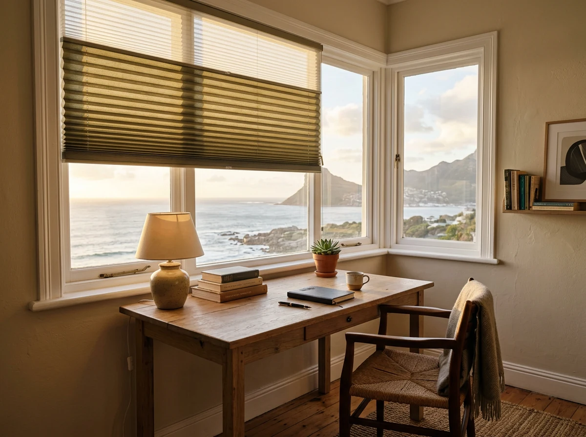 Pleated cellular honeycomb blind fitted to a west-facing study window in a Bantry Bay apartment above the Atlantic