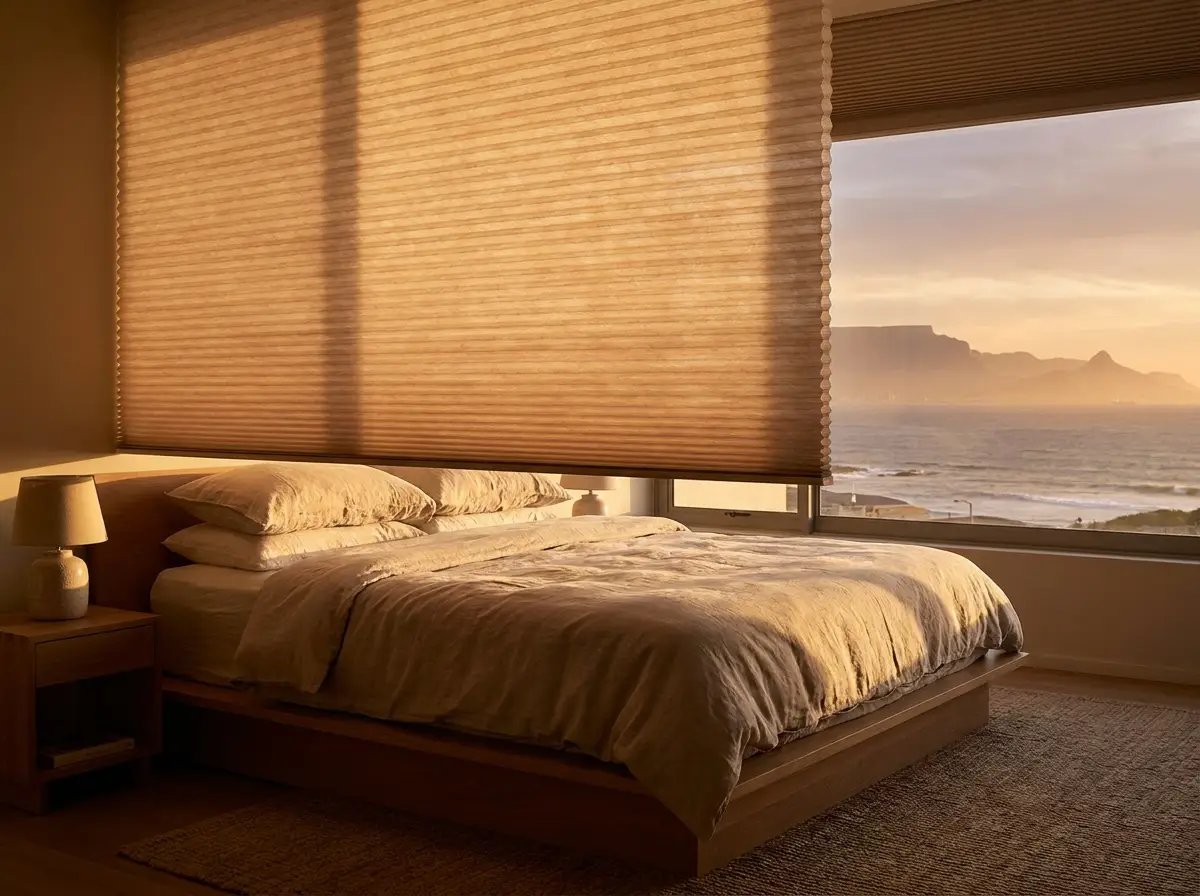 West-facing bedroom in a Bantry Bay apartment with a pleated cellular honeycomb blind fitted to the window, hexagonal cell structure visible in warm sunset light