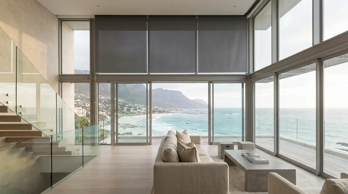 Double-height cliffside apartment living space in Clifton with tall glazing and a motorised roller blind fitted across the upper glass