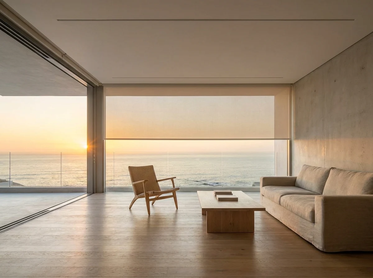 Concealed roller blind dropping from a slim ceiling recess in an architect-finished Bantry Bay apartment above the Atlantic