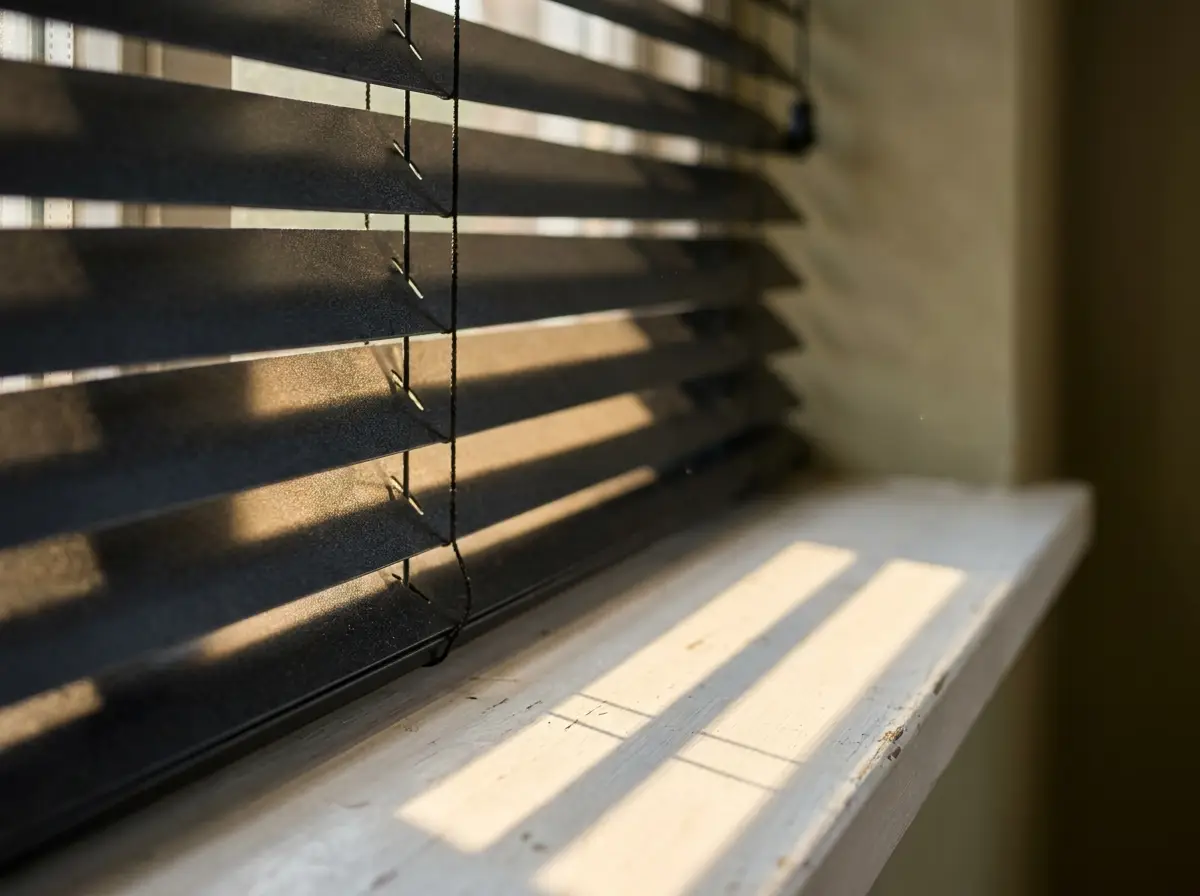 Close-up of powder-coated aluminium venetian blind slats on a Bantry Bay windowsill, salt-air rated finish