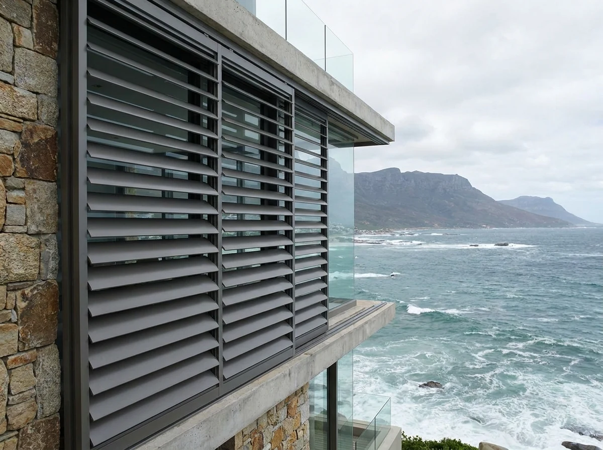 External aluminium venetian blinds mounted outside a large window on a Bantry Bay cliffside facade above the Atlantic