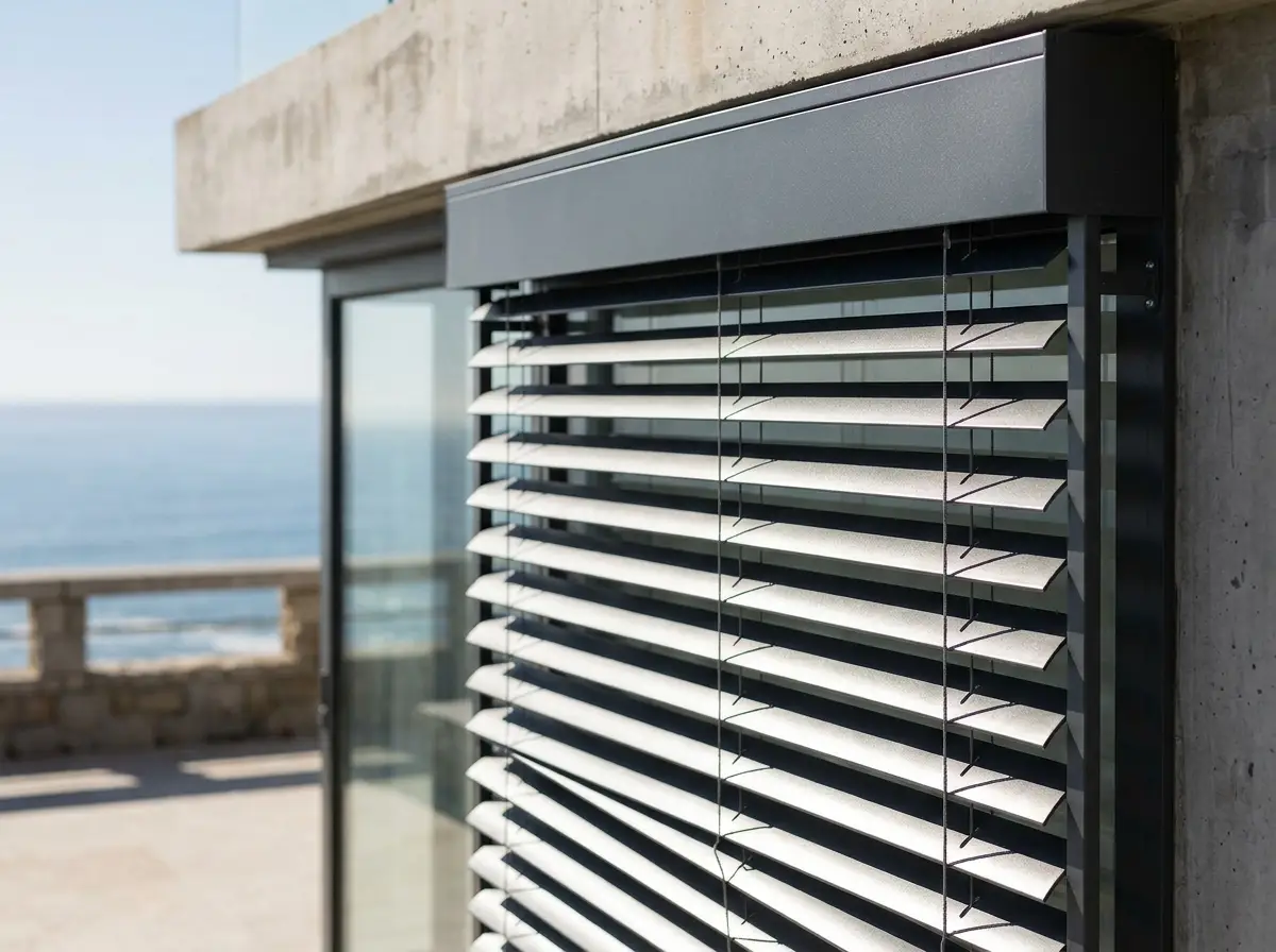 Close detail of external aluminium venetian blinds mounted outside a large window on a Bantry Bay facade, wide slats tilted with side guide rails and motor housing visible