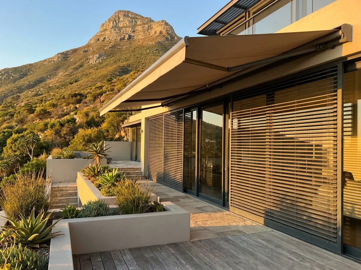 Renovated villa terrace on the slope of Lion's Head above Bantry Bay in Fresnaye, external venetian blinds and a motorised awning over the glazed opening