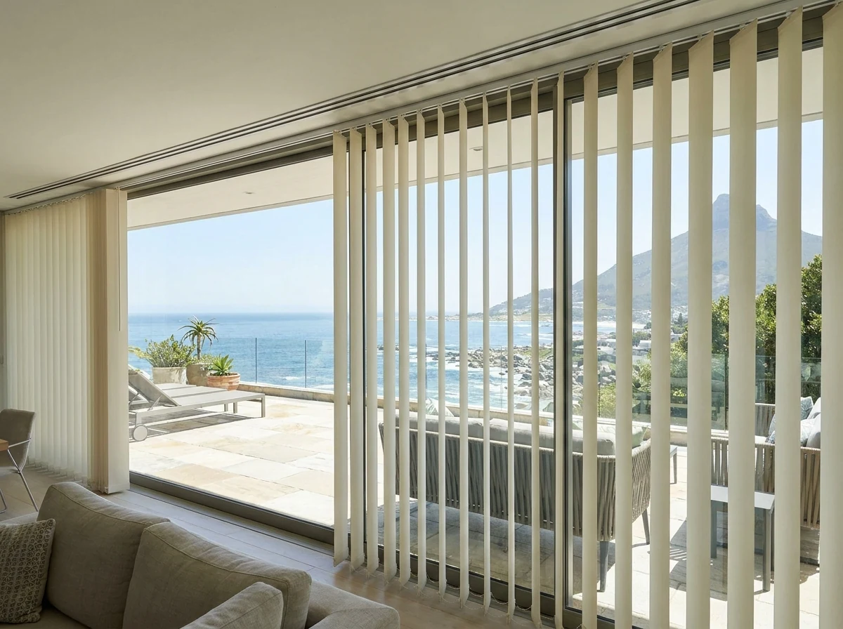 Vertical panel blinds tilted open across a wide sliding terrace door in a Bantry Bay apartment overlooking the Atlantic