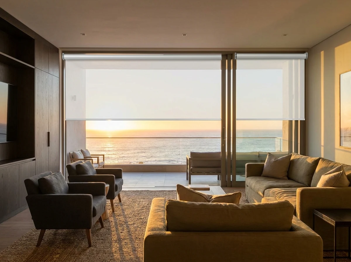 Blockout roller blind lowered across a wide sliding glass door in a Bantry Bay cliffside lounge at sunset