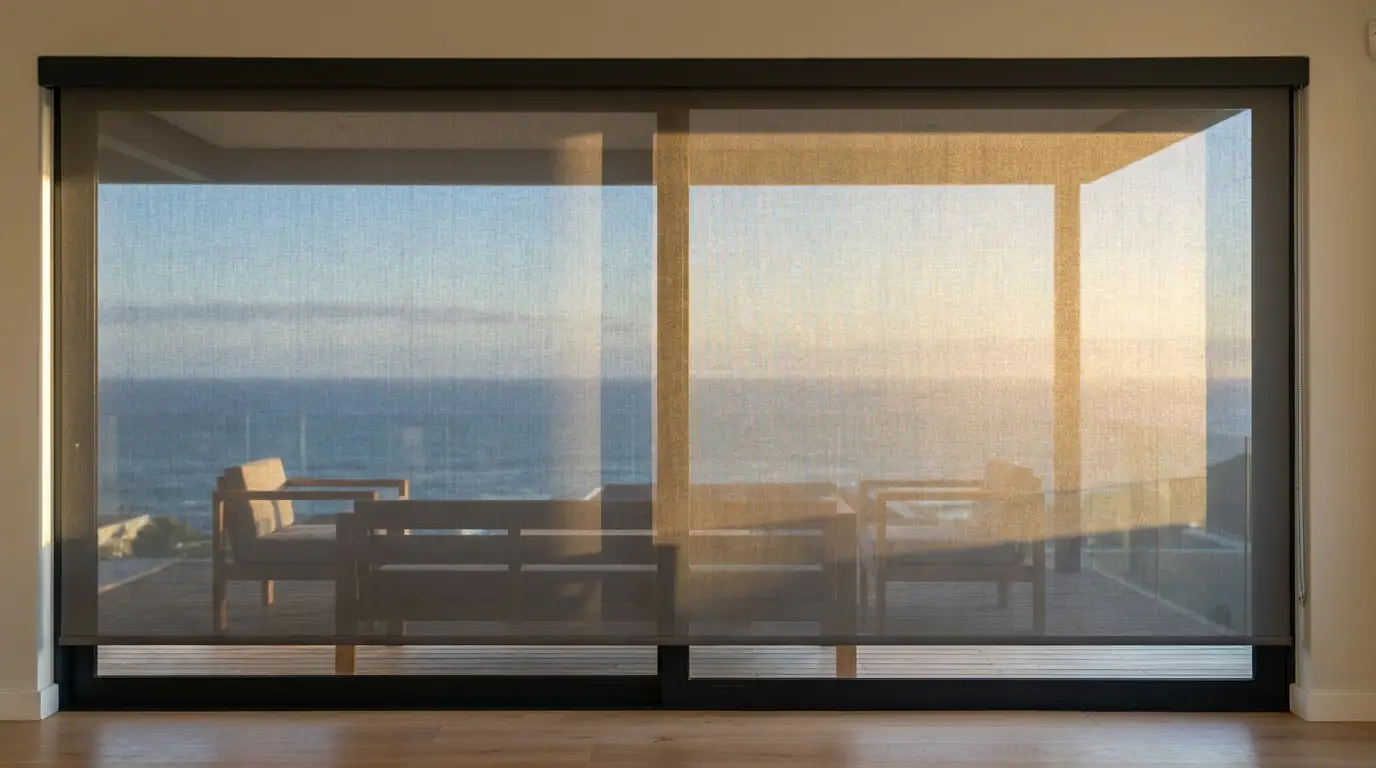 Close detail of a sunscreen roller blind fully extended across a wide sliding glass door onto an Atlantic seaboard terrace, aluminium head-rail visible