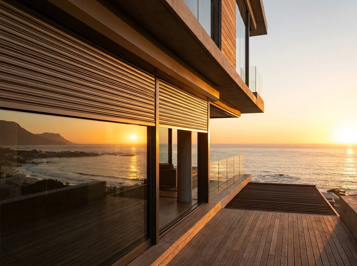 Rigid aluminium roller shutters lowered from a headbox outside a glazed opening on a Bantry Bay terrace at sunset