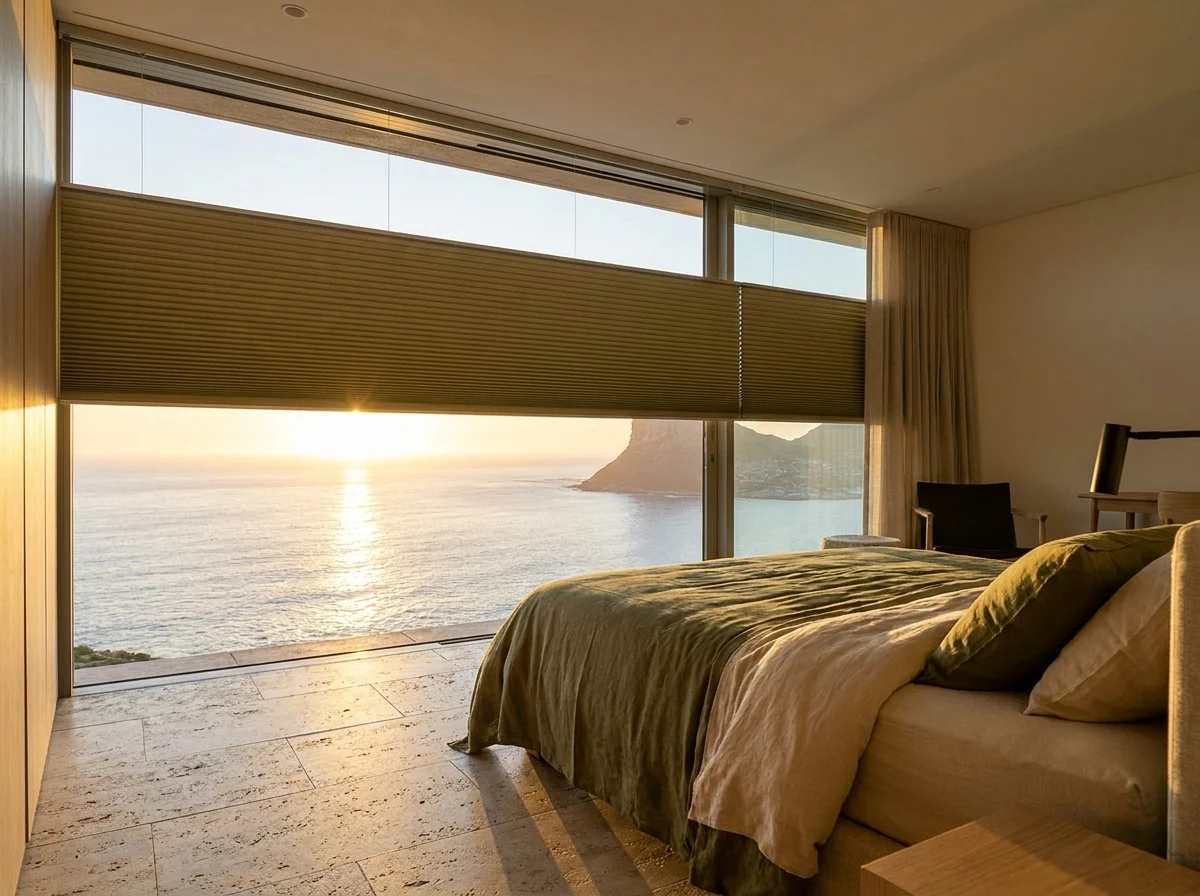 Cellular honeycomb pleated blind lowered halfway across a floor-to-ceiling window in a Bantry Bay cliffside bedroom, framing the Atlantic sunset toward Lion&rsquo;s Head
