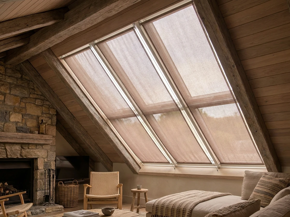 Tensioned fabric blind held flat against an angled gable skylight in a Bantry Bay roof addition