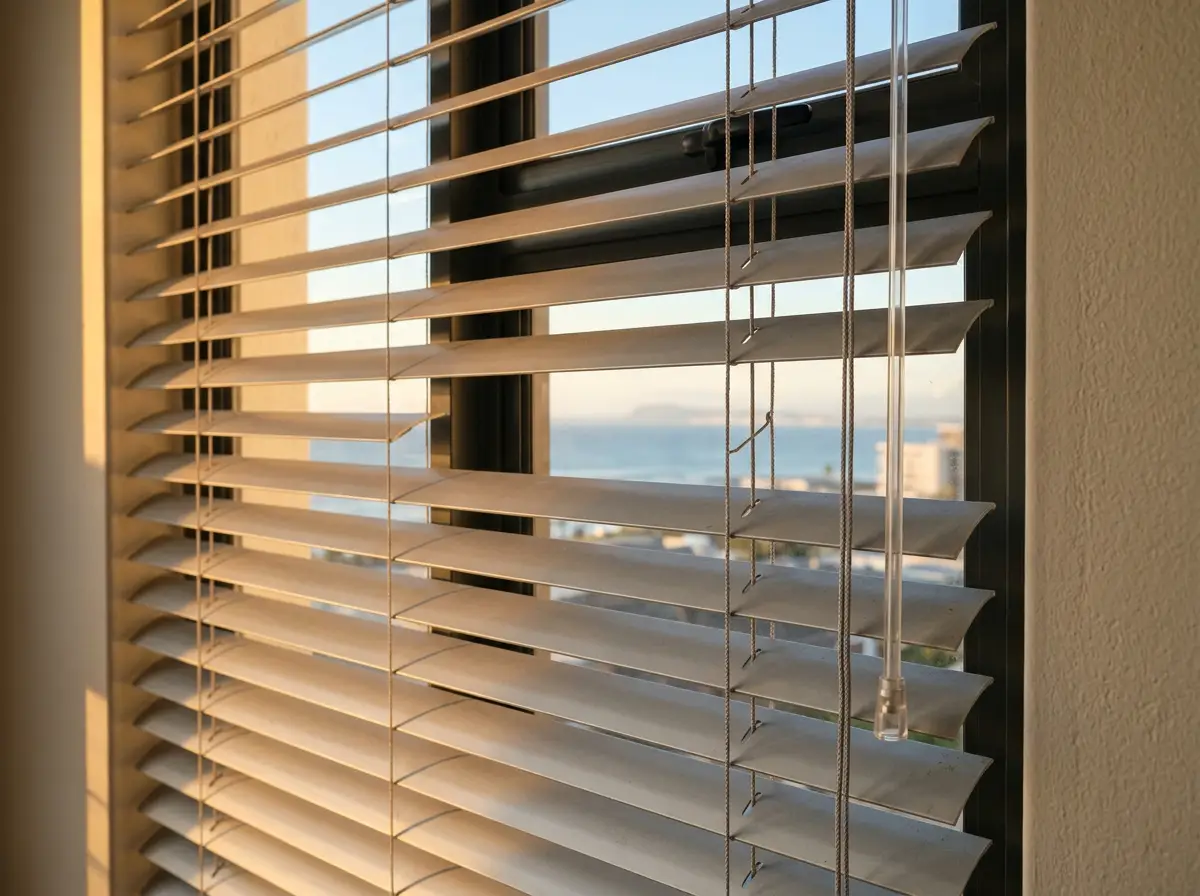 Close-up of powder-coated aluminium venetian blind slats fully tilted for privacy in a Bantry Bay apartment, 50mm width with tilt wand visible in warm afternoon light
