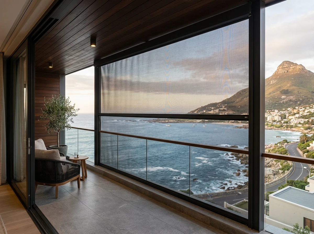 Tensioned zip-track screen blind lowered in its side channels on a Bantry Bay terrace overlooking the Atlantic coastline